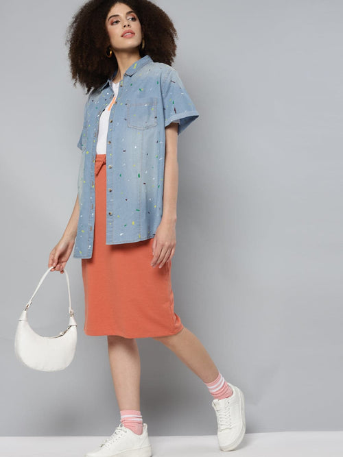 Ice-Blue Denim Multicolor Paint Boxy Shirt