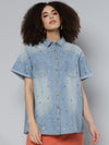 Ice-Blue Denim Multicolor Paint Boxy Shirt