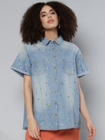 Ice-Blue Denim Multicolor Paint Boxy Shirt