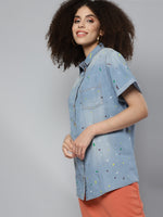 Ice-Blue Denim Multicolor Paint Boxy Shirt