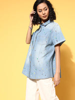 Women Ice-Blue Denim Multicolour Paint Boxy Shirt
