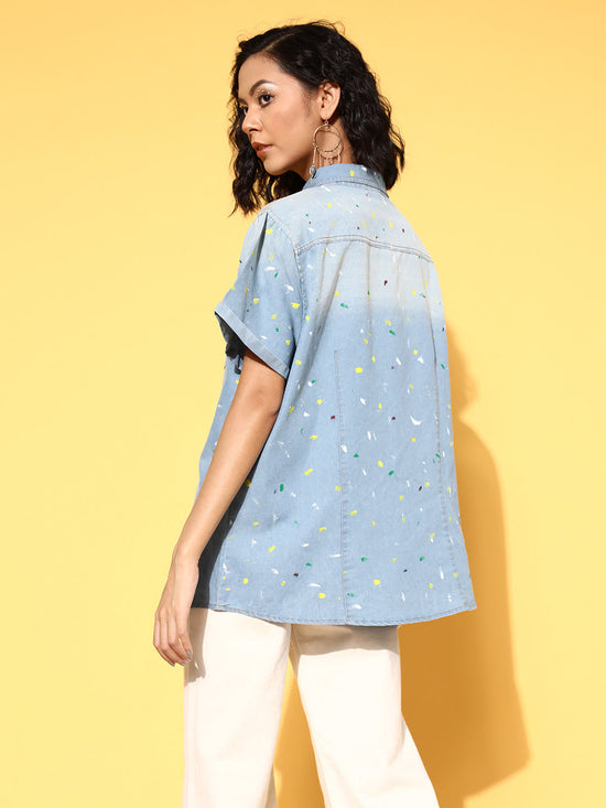 Women Ice-Blue Denim Multicolour Paint Boxy Shirt