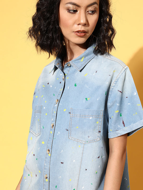 Women Ice-Blue Denim Multicolour Paint Boxy Shirt