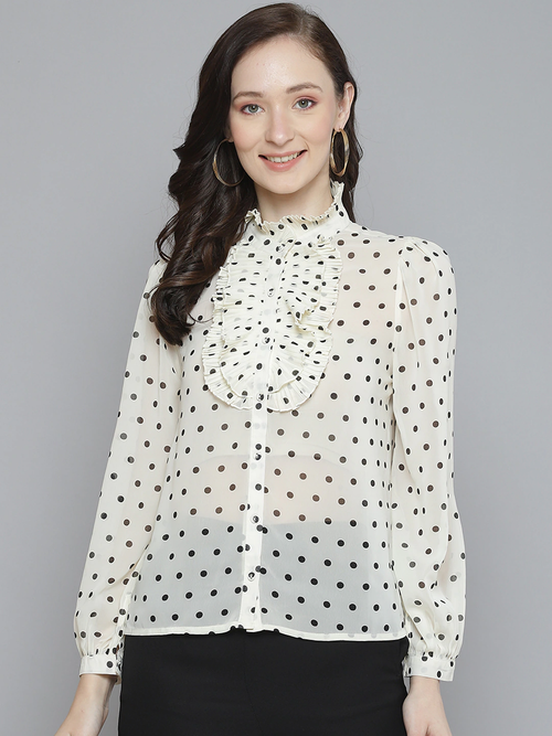 Women White With Black Polka Dot Pleated Collar Shirt