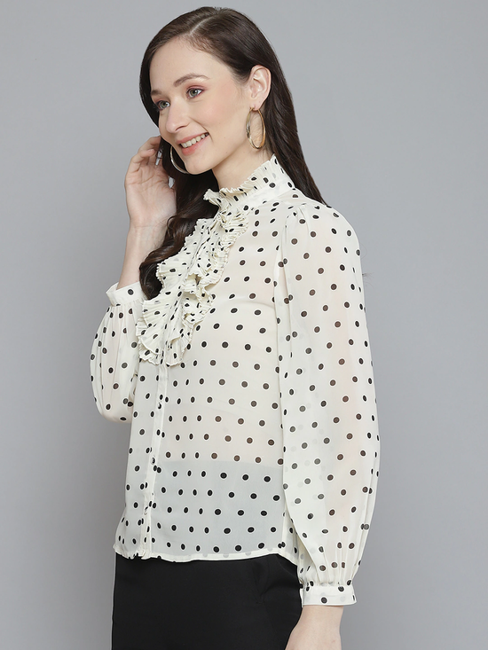 Women White With Black Polka Dot Pleated Collar Shirt