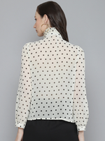 Women White With Black Polka Dot Pleated Collar Shirt