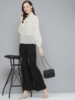 Women White With Black Polka Dot Pleated Collar Shirt