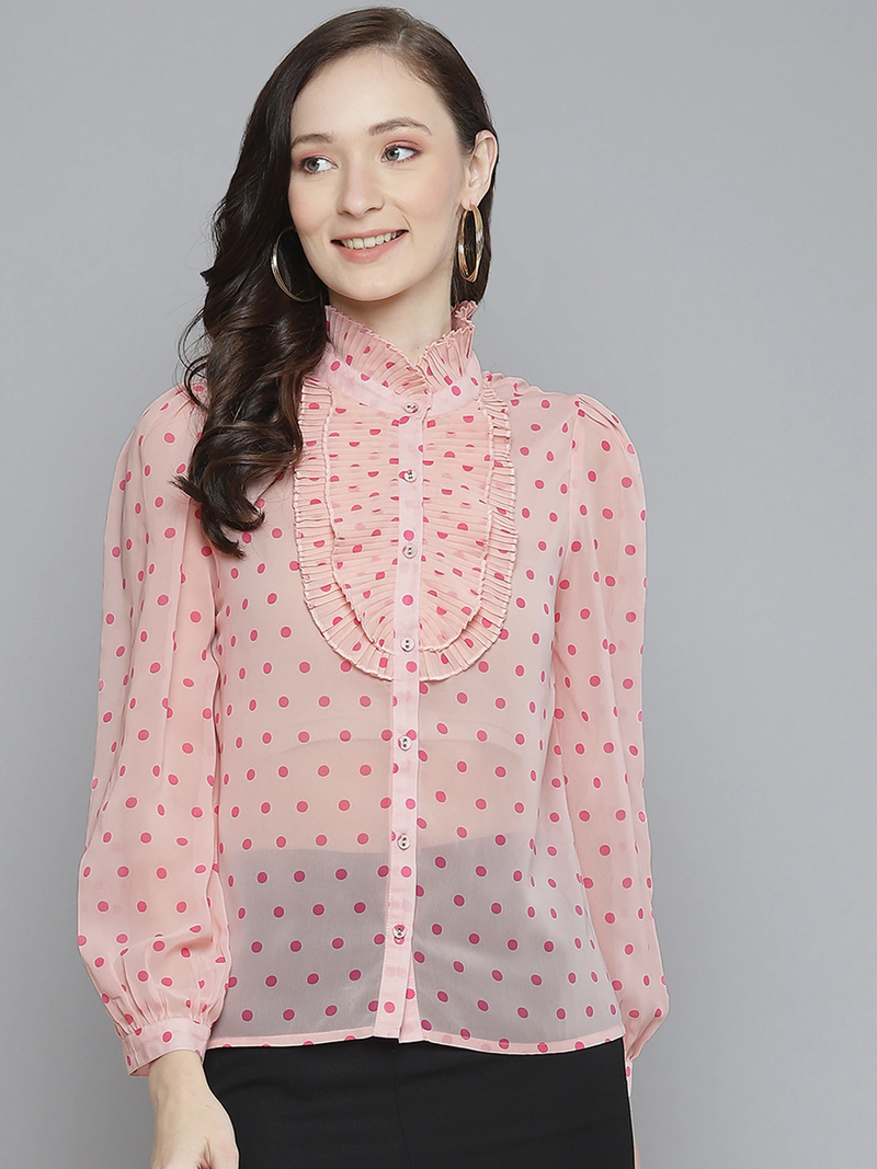 Women Pink With Fuchsia Polka Dot Pleated Collar Shirt