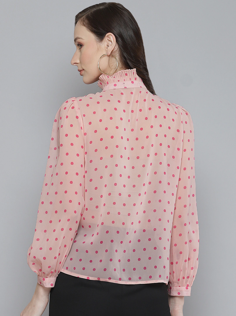 Women Pink With Fuchsia Polka Dot Pleated Collar Shirt
