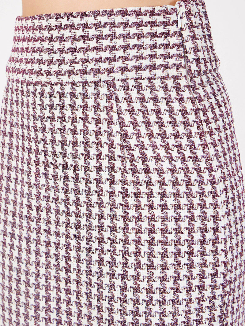 Women Burgundy Geometrical Jacquard Tweed Pencil Skirt