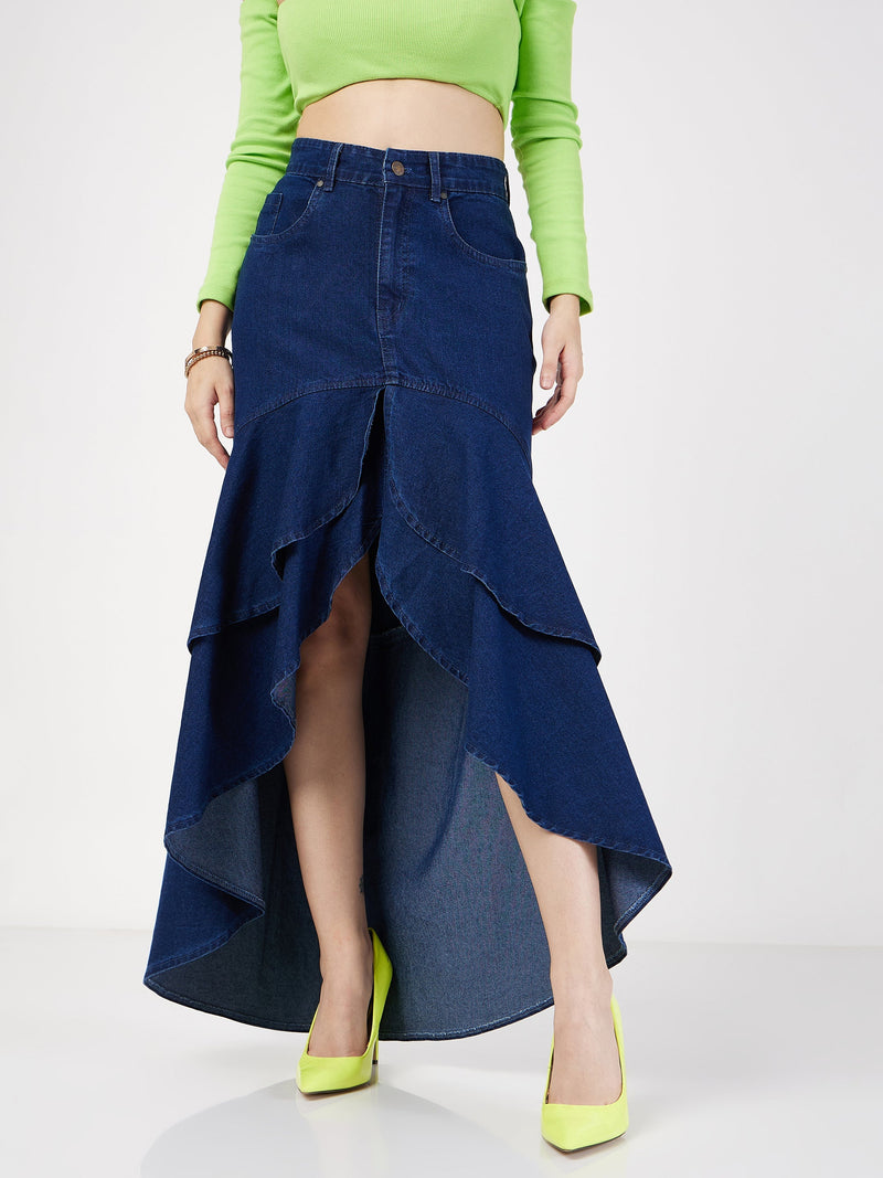 Women Navy Blue Denim Ruffle High Low Skirt