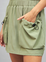 Women Olive Front Pouch Mini Skirt
