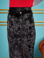 Women Black Velvet Front Button Midi Skirt