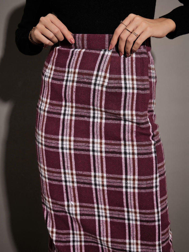Women Maroon Yarndyed Check Pencil Skirt