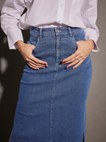 Women Ice Blue Denim Side Slit Midi Skirt