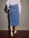 Women Ice Blue Denim Side Slit Midi Skirt