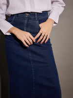 Women Navy Denim Side Slit Midi Skirt