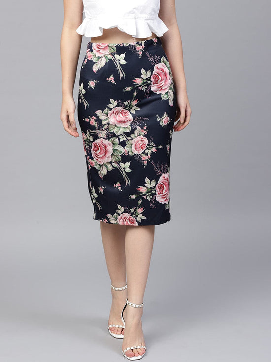 Blue Floral Scuba Pencil Skirt