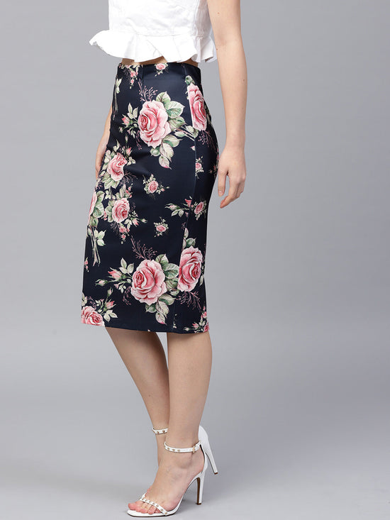 Blue Floral Scuba Pencil Skirt