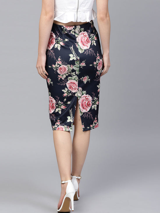 Blue Floral Scuba Pencil Skirt