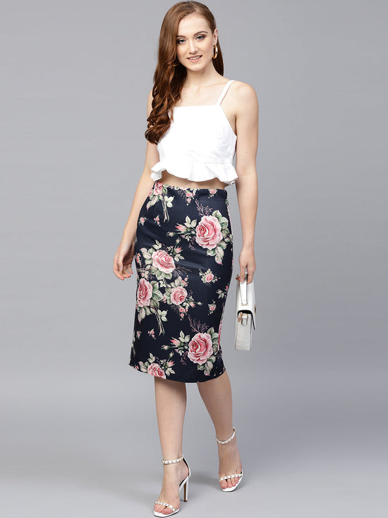 Blue Floral Scuba Pencil Skirt