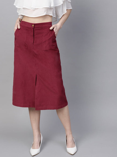 Maroon Front Slit Corduroy Midi Skirt