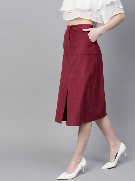 Maroon Front Slit Corduroy Midi Skirt