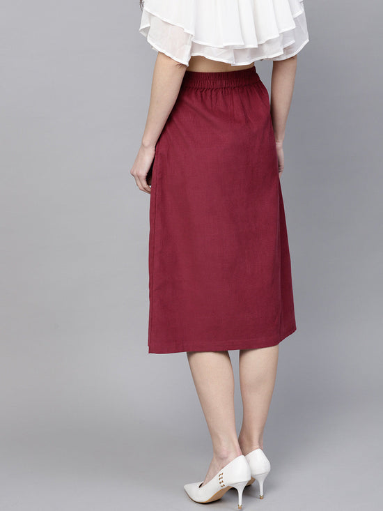 Maroon Front Slit Corduroy Midi Skirt