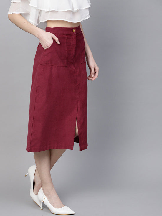 Maroon Front Slit Corduroy Midi Skirt