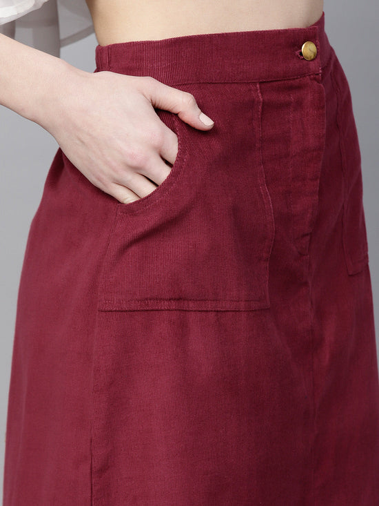 Maroon Front Slit Corduroy Midi Skirt