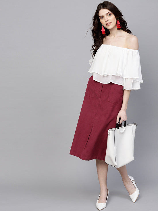 Maroon Front Slit Corduroy Midi Skirt