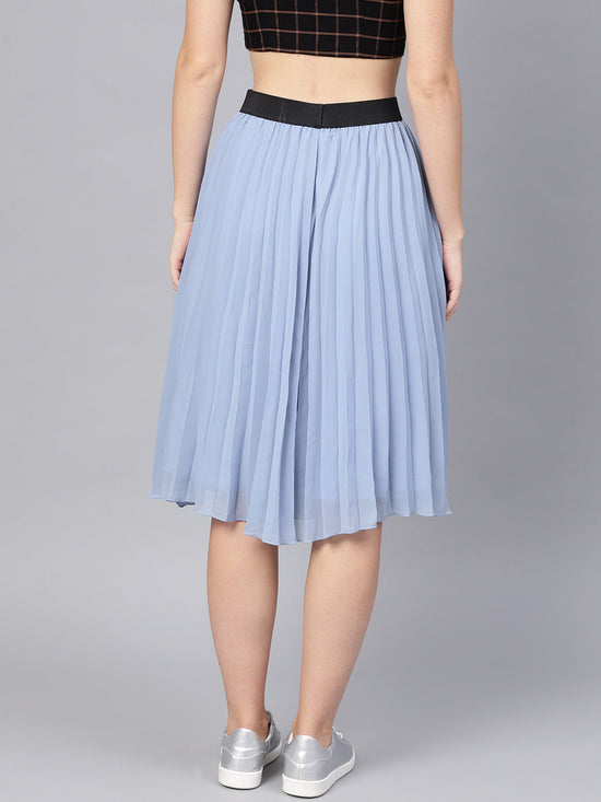 Blue Pleated Flared Midi Skirt