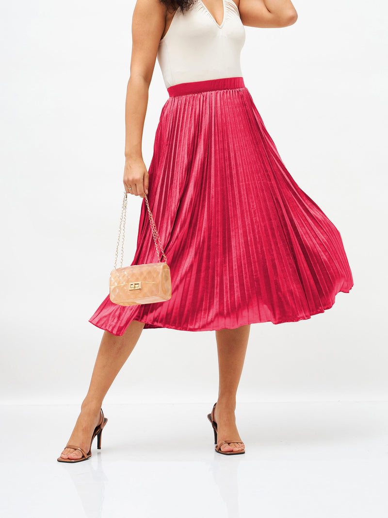 Women Pink Velvet Pleated Skirt