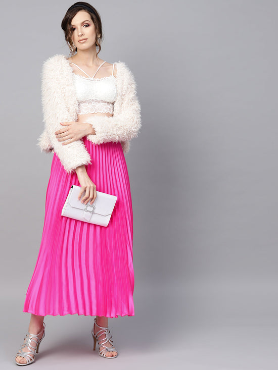 Pink Satin Pleated Maxi Skirt