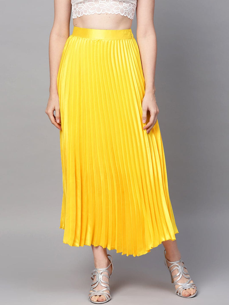 Yellow Satin Pleated Maxi Skirt