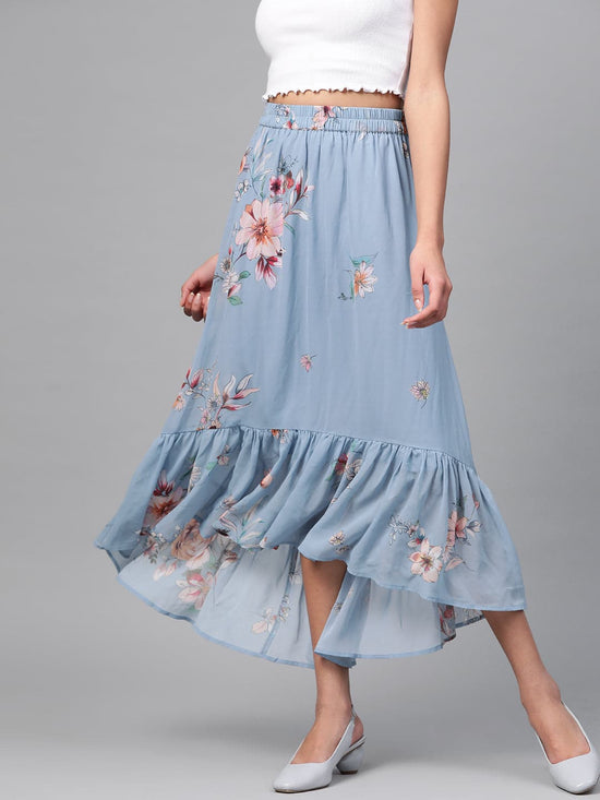 Pale Blue Floral Tiered High Low Skirt