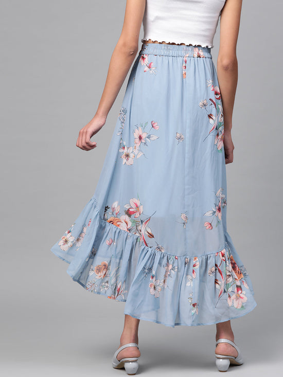 Pale Blue Floral Tiered High Low Skirt