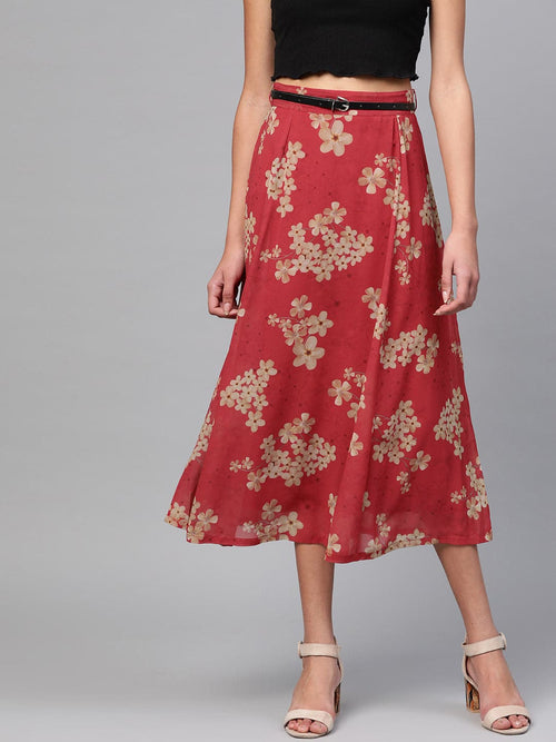 Red Floral Flared Skirt