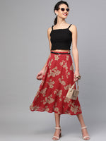 Red Floral Flared Skirt