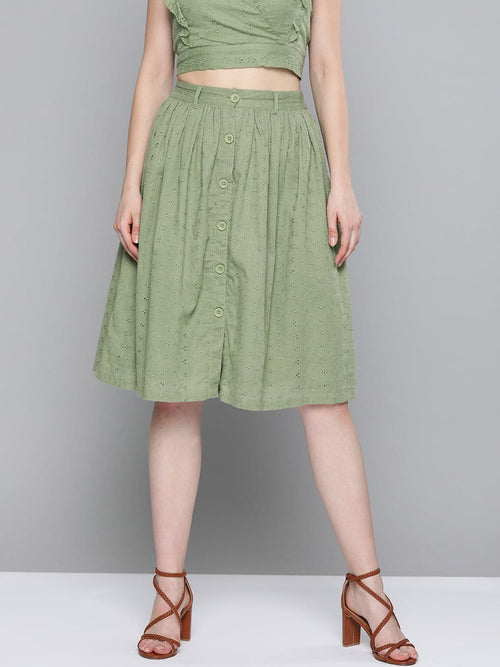 Olive Schiffli Buttoned Skirt