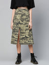 Green Camouflage Twill Front Slit Skirt