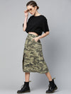 Green Camouflage Twill Front Slit Skirt