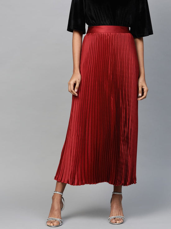 Red Satin Pleated Maxi Skirt