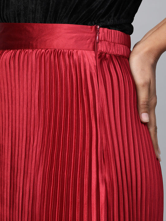 Red Satin Pleated Maxi Skirt