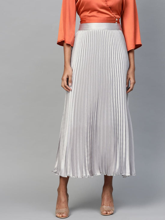 Grey Satin Pleated Maxi Skirt