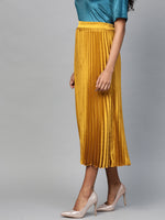 Mustard Satin Pleated Midi Skirt