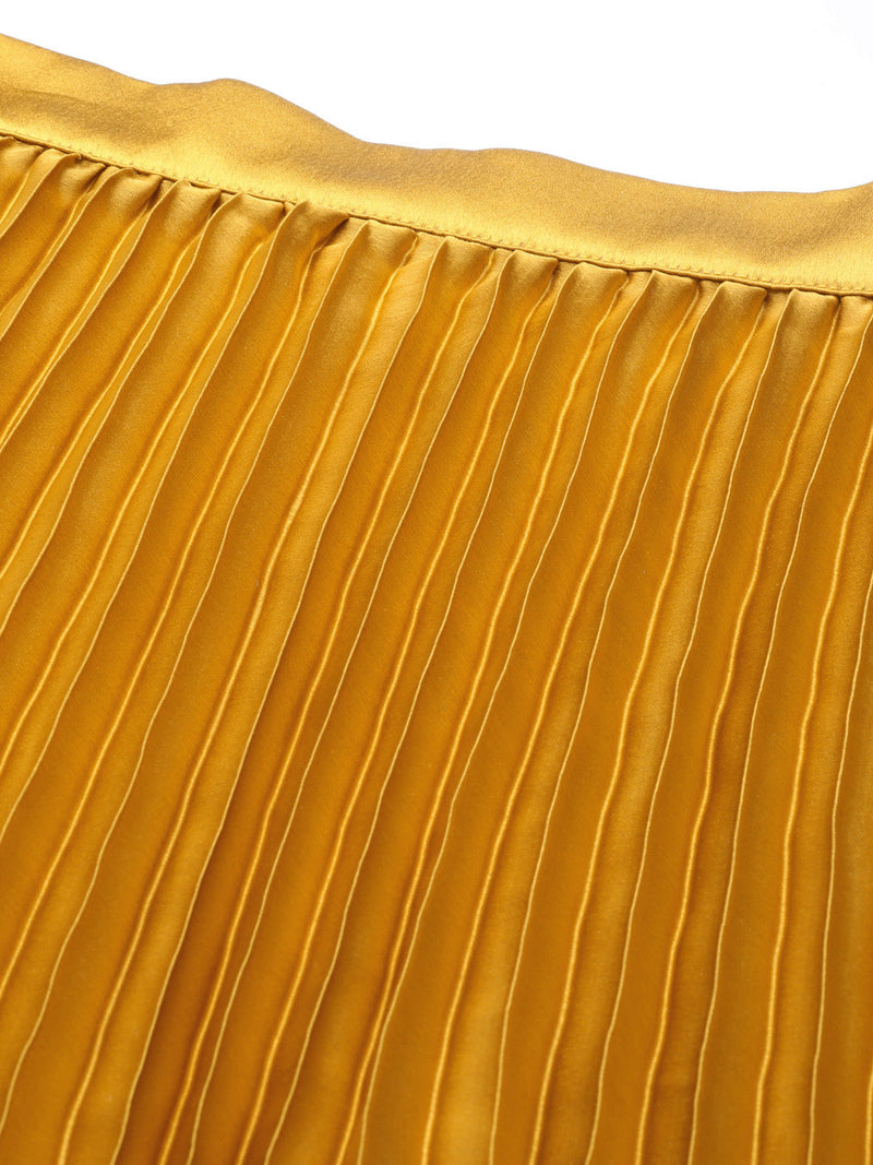Mustard Satin Pleated Midi Skirt