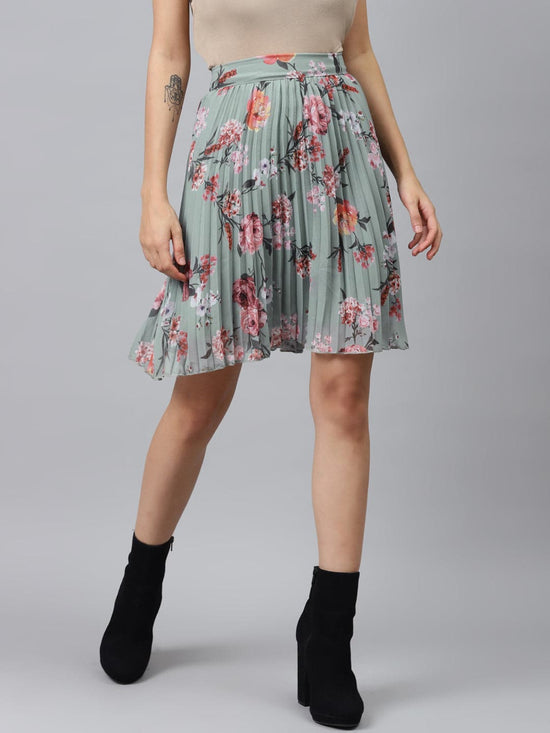 Olive Floral Pleated Mini Skirt