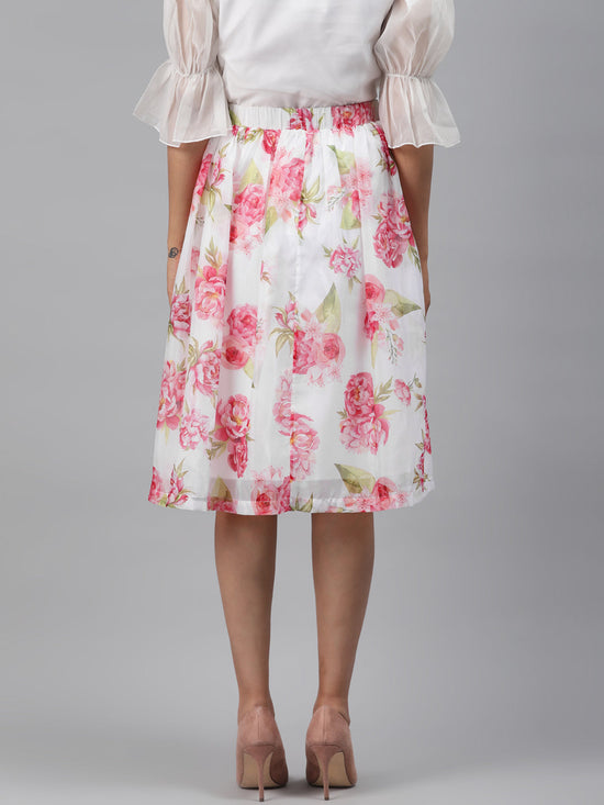 White Floral Gathered Skirt