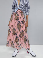 Pink Floral Pleated Midi Skirt